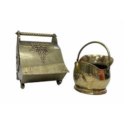 19th/ early 20th century brass coal scuttle having foliate applied decoration and twist handle, H42cm