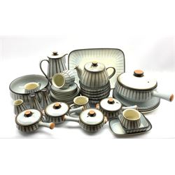 Denby stoneware dinner and tea service decorated in the Studio pattern, comprising five bowls, tea pot, hot water pot, seven soup bowls with covers, six saucers, one platter, salt and pepper pots, three dinner plates, two tureens, fruit bowl etc 