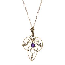 Edwardian gold amethyst and split pearl pendant necklace, both stamped 9c