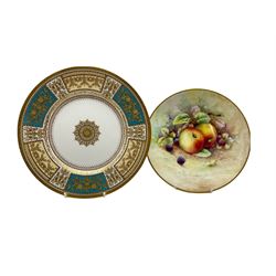 20th century Minton gilded cabinet plate with blue alternate panels, numbered H4968 D27cm together with a Minton plate hand-painted with fruit by H. Holland (2)