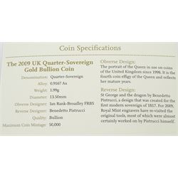 Queen Elizabeth II 2009 gold quarter sovereign coin, in card box