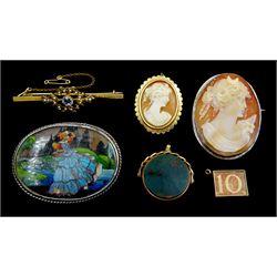 Edwardian gold bloodstone and carnelian swivel fob, Birmingham 1901, gold blue stone and seed pearl bar brooch, gold 10 money charm and a gold cameo brooch, all 9ct tested or hallmarked, silver butterfly brooch and one other silver cameo