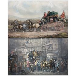 After Charles Cooper Henderson (British 1803-1877): 'The Olden Time' and 'Pulling Up to Un-Skid', pair mid-19th century engravings and aquatints with hand-colouring pub. 'Fores's Coaching Recollections', housed in matching birdseye maple frames 46cm x 69cm (2)