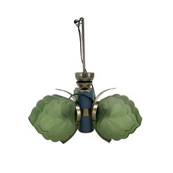 French Art Deco three branch chandelier, with blue painted cylindrical central stem, chrome mounts and three green frosted glass shades, Drop 49cm x W47cm 