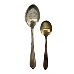 Cased set of six silver gilt coffee spoons, each with a coloured enamel stem together with a cased set of six silver teaspoons 