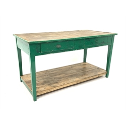 Late 19th century painted pine kitchen work table. Fitted with two drawers and raised on square tapered supports united by a pot board base. 153cm x 75cm, H80cm.