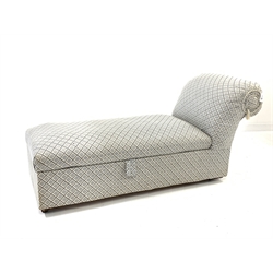 Victorian style upholstered chaise Ottoman, hinged seat revealing storage compartment, raised on castors, L170cm  
