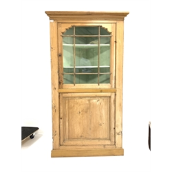 19th century pine standing corner cupboard with glazed upper section and cupboard under on a plinth base W100cm