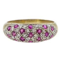 9ct gold ruby and diamond pave set ring, hallmarked