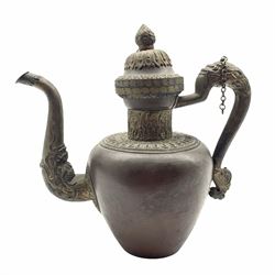 Tibetan patinated copper ewer or teapot with moulded Dragon handle and spout, H27cm 
