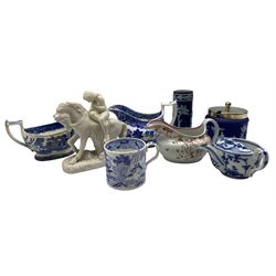 Early 19th century Willow pattern sauceboat, Newhall 'Knitting Wool' pattern sauceboat, no. 195, Miles Mason sauceboat, German Tettau blue and white feeding cup, Millward Jasperware spill vase, bisque figure depicting Lady Godiva etc