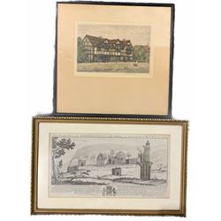 After Samuel Buck (British 1696-1779): 'The North View of Kirkham-Priory near Malton in Yorkshire 1721', engraving together with Claude Hamilton Rowbotham (British 1864-1949): 'Shakespeare's Birthplace Stratford-On-Avon, etching with aquatint signed by the artist max 19cm x 35cm (2)
