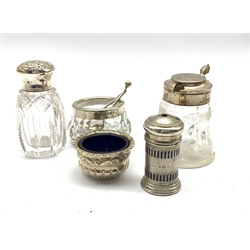 Small silver salt, glass and silver mustard pot and three other items