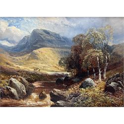 Clarence Henry Roe (British 1850-1909): Scottish Highland Landscape with Stags, oil on canvas signed 22cm x 30cm