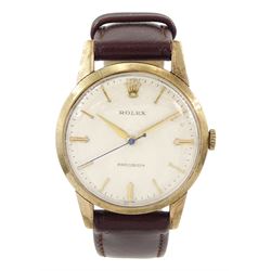 Rolex Precision gentleman's 9ct gold manual wind wristwatch, dial with baton hour markers, on brown leather strap