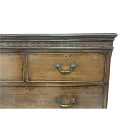 Early 20th century Georgian design mahogany chest, moulded edge over blind fretwork frieze, fitted with two short over three long graduating cock-beaded drawers, flanked by fluted canted uprights, on cabriole supports with ball and claw feet