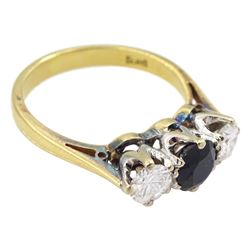 18ct gold three stone sapphire and round brilliant cut diamond ring by Mappin & Webb Ltd, London 1978, total diamond weight approx 0.55 carat