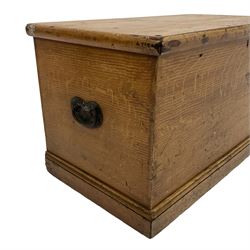 Victorian scumbled pine blanket chest, rectangular hinged top, iron handles to the sides, on plinth base