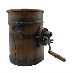 Victorian coopered oak butter churn with iron handle and mounts, H42cm 
