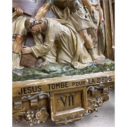 19th century French 'Stations of the Cross' hand painted plaster cast plaque, no. VII 'Jesus tombe pour la deuxième fois' (Jesus falls for the second time), with an architectural frame in a scumbled finish with lunettes over a foliate arch H110cm