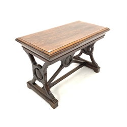  Early 20th century Arts and Crafts style oak and stained pine communion table, with carved panel end supports united by stretcher, W122cm x 62cm, H80cm  