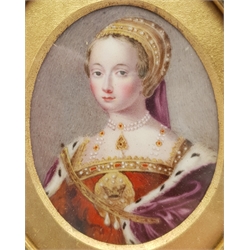 English School (19th century): Anne Boleyn, oval enamel portrait miniature unsigned, inscribed on labels verso 6.5cm x 5.5cm 
Provenance: by repute from the collection of the Lygon family of Madresfield Court