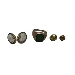 Pair of 9ct gold Roman centurion stud earrings, rose gold green stone set ring and a gold ring, all 9ct, silver compass pendant, Birmingham 1899, single gold enamel earring and other gilt jewellery