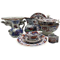 Masons Ironstone pedestal fruit bowl, two Masons Ironstone jugs, two Amherst Japan plates, sauce tureen, bowl and other items (10)