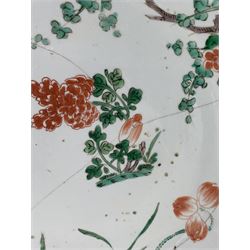 18th century Chinese Famille Rose charger, painted with butterflies amongst lotus, prunus, peony and chrysanthemum, D38.5cm