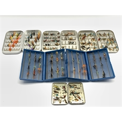 Six fly boxes including 'The House of Hardy' and 'Richard Wheatley', containing various flies