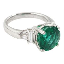 18ct white gold fine round Zambian emerald ring, with baguette and tapered baguette diamond shoulders, hallmarked, emerald approx 3.20 carat