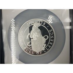 The Royal Mint United Kingdom 2018 'The Queen's Beasts The Black Bull of Clarence' five ounce fine silver proof coin, encapsulated by NGC