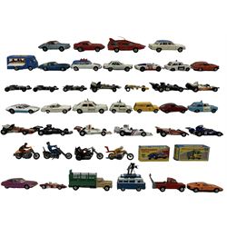Collection of die cast vehicles including Corgi Smith's Carrier Van 'Joe's Diner' with figure, Corgi Commer Bus 2500 series 'Samuelson Film Services' with cameraman, Corgi Sunbeam Imp police car, blue and white with figure and various others