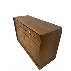 Oak sideboard, the rectangular top over four short drawers and two cupboard doors, opening to reveal one fixed shelf