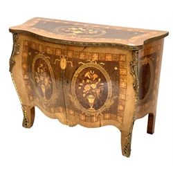 French Louis XV design kingwood commode of serpentine outline with floral marquetry inlay and enclosed by pair of panelled doors with gilt metal mounts and sabot feet W100cm