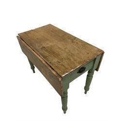 Victorian pine drop leaf table, the drop leaf top over one frieze drawer, raised on later painted turned supports W92cm, H73cm, D55cm 