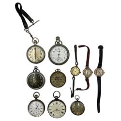 Three early 20th century 9ct rose gold manual wind wristwatches, on leather strap, silver lever pocket watch with diamond endstone, two military pocket watches one by Elgin, both engraved G.S.T.P, nickle pocket watch by Standard U.S.A and other pocket watches