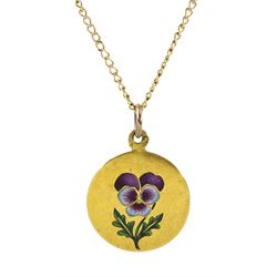 French 18ct gold enamel pansy pendant, Eagle hallmark, on 9ct gold chain necklace hallmarked