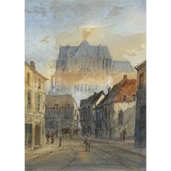 E Lewis (British 19th century): Street Scene of Reims with view of Cathedral, watercolour signed 38cm x 27cm