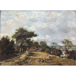 Attrib. Henry Jutsum (British 1816-1869): Farmers with Wheatsheaf's in Riverside Farmstead, oil on canvas unsigned, attributed on mount 30cm x 40cm