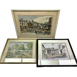 English School (20th century): 'Skipton High Street on Market Day 1900', watercolour indistinctly signed and dated '76; R Glen (British 20th century): 'Hawkshead', watercolour signed and dated '91; J West (British 20th century): 'Wycoller Lancashire', watercolour signed, titled and dated 1952 verso max 31cm x 49cm (3)