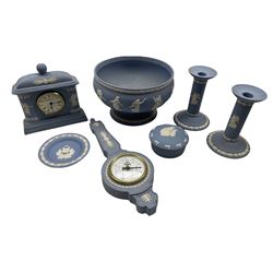 Wedgwood Jasperware Barometer, mantle clock, pair of candlesticks, Peter Rabbit jar and cover, footed fruit bowl and City of York dish (7)