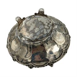 Silver circular fruit bowl with shell moulded border and lappet decoration, swing handle raised on shell moulded feet D24cm Sheffield 1917 Maker James Dixon & Sons Ltd 19oz