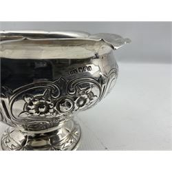 Edwardian silver rose bowl golf trophy 'Tyneside Golf Club' with embossed decoration and short pedestal foot D16cm Sheffield 1902 Maker Atkin Bros. 9.2oz