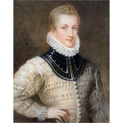 Early 19th century portrait miniature, watercolour on ivory of the Tudor soldier, statesman and poet Sir Philip Sidney wearing a gorget, a piece of neck armour and a doublet of white slashed leather 13cm x 10cm, housed in ornate gilt Florentine frame.This item has been registered for sale under Section 10 of the APHA Ivory Act