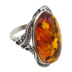 Silver Baltic amber ring, stamped 925