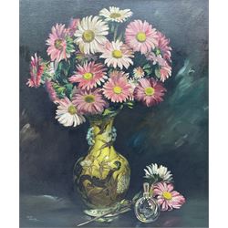 Wilfred Walker (British mid 20th century): Still Life of Pink Argyranthemums in a Chinese Vase, oil on board signed 60cm x 50cm