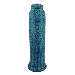 Burmantofts Faience turquoise-glaze grass vase, the slender baluster body incised with flower heads, waves and geometric ground, impressed factory marks beneath, model no. 1397, H41.5cm