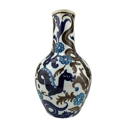 Burmantofts Faience Anglo-Persian bottle vase, designed by Leonard King, painted with dragons and sea serpents amidst flowers and foliage, in tones of blue and green, impressed factory marks, model no. 70, incised DSG-91 (628) and artists monogram LK, H26.5cm 