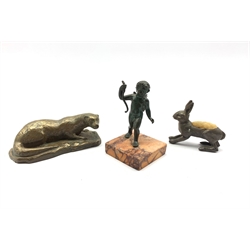 Small bronze figure of a cherub holding a bow on a marble base H9cm, resin figure of an otter W11cm and a hare pin cushion